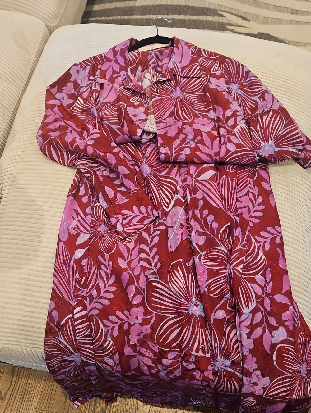 Marie Oliver Red Button-Down Top with Pink Floral Print